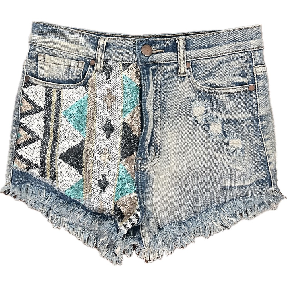 Y2K Sequined Distressed Denim Shorts Aztec Design Size Medium Fringed Bottom